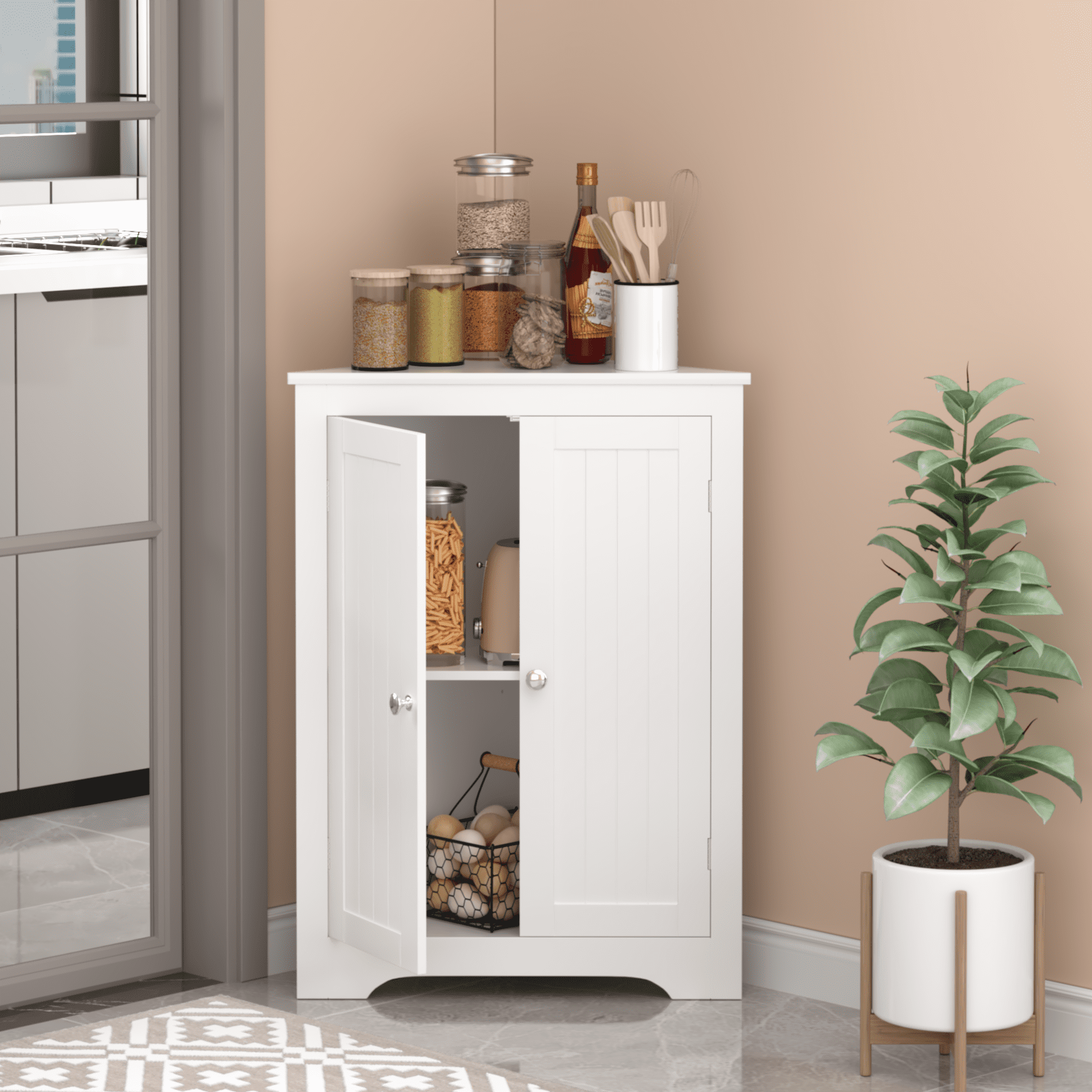 Jopath Floor Corner Cabinet with 2 Shelves,Corner Storage Cabinet Shelving Storage with Adjustable Shelves for Kitchen Living Room Bathroom, White