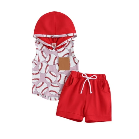 

Wassery Summer Brother and Sister Matching Outfits Rugby Print Sleeveless Hooded T Shirts Top with Red Shorts Newborn Hoodie Outfits Set 0-3T