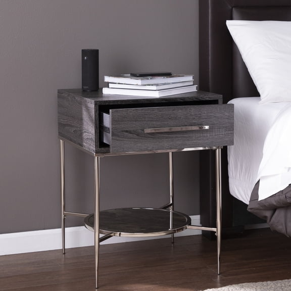 Bedside Table with Drawer & Glass Shelf - Faux Marble Top & Gold Frame - 19.25" W x 19.25" D x 26" H