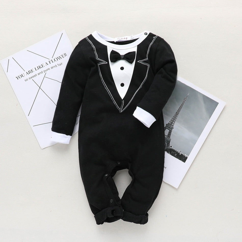 Eyiiye Baby Boy Gentleman Shirt Bowtie Romper Tuxedo Newborn Jumpsuit Overall Black Suit Clothes 0 18m Black