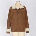 thumbnail image 3 of 1/4 Zip Pullover Womens Winter Faux Suede Patchwork Sweater Tops Pocket Fuzzy Fleece Lapel Stand Collar Sweatshirt (L, Brown), 3 of 6