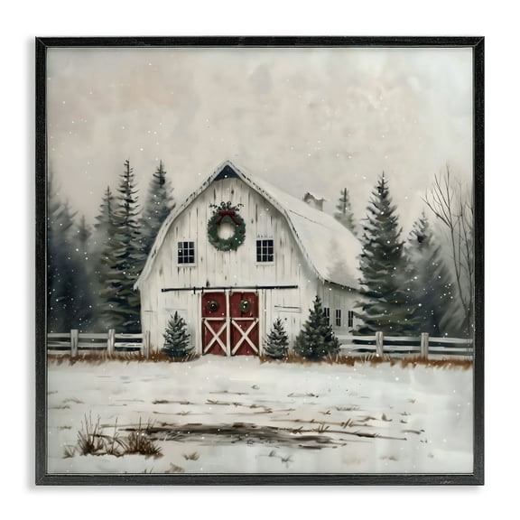 Stupell Industries White Christmas Barn with Wreat Black Framed Giclee Art, design by Creative Studio, 12 x 12
