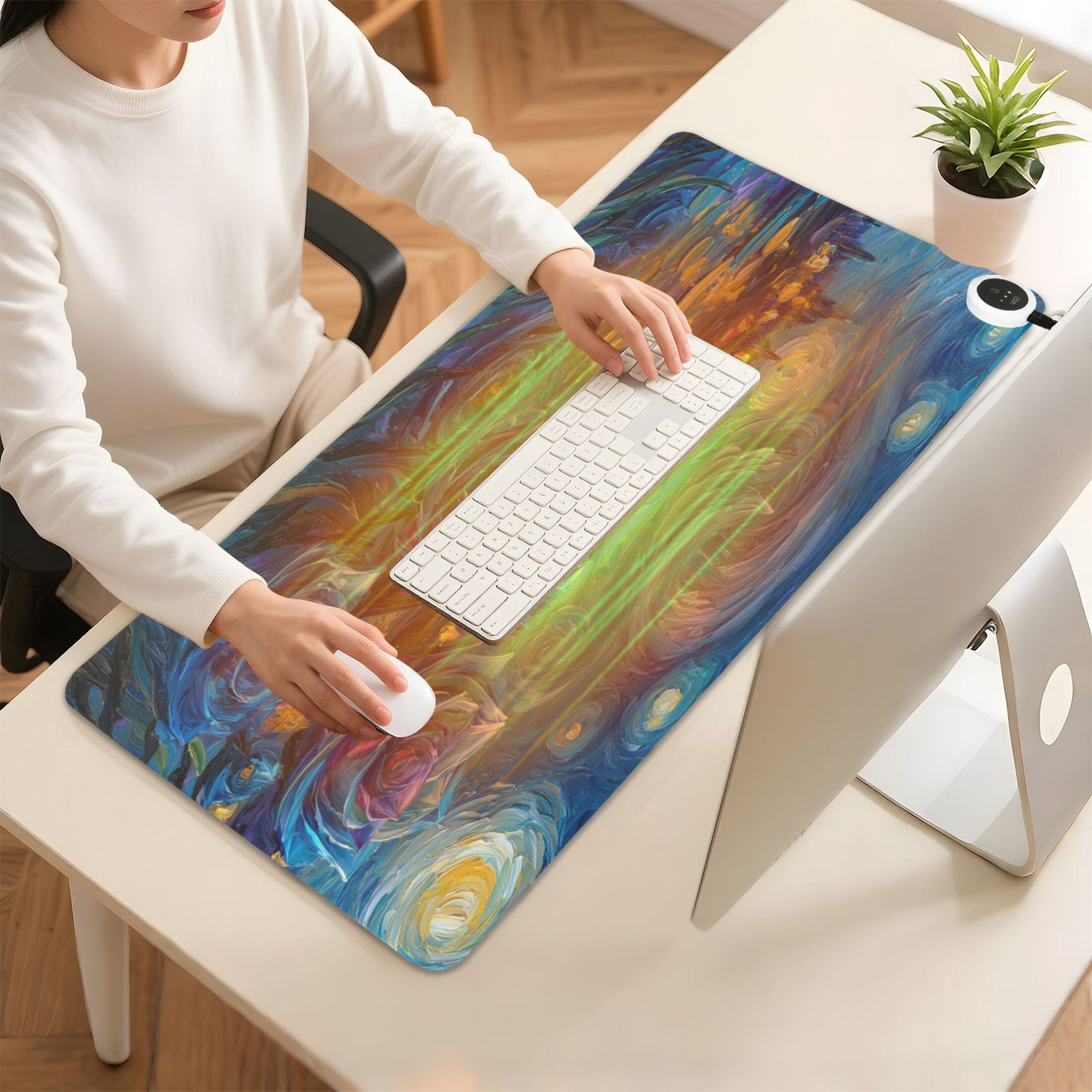 Large Heated Desk Mat Mouse Pad 31.5"x13"PU Leather Graphene Heating Desk Warmer with 3 Temperature Settings 110V US Plug Non-Slip Warm Pad for Home, Office, and Gaming Starry Night Blue Roses