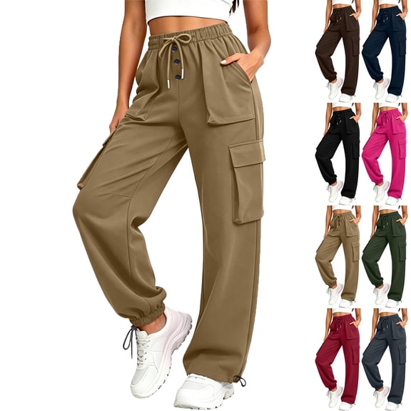 Lenago Womens Summer Cargo Pants with Drawstring Ankle Cuffs Side Pockets Elastic Waist Multiple Colors for Daily Use Exercise Home Wear and Commute
