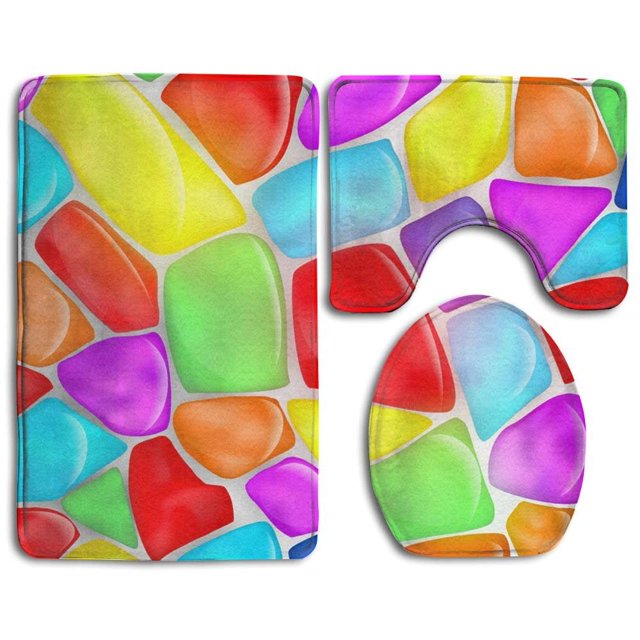 ABPHQTO Piedras de colores Juego de alfombras de baño de 3 piezas Alfombra de baño Alfombra de contorno y tapa de inodoro
