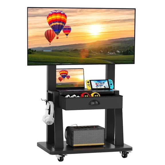 Baxikayon Mobile TV Cart with Drawer, for 23-75 Inch TVs, Rolling Floor Stand with 2 Shelves, 120 lbs Capacity, Max VESA 600x400mm, Black