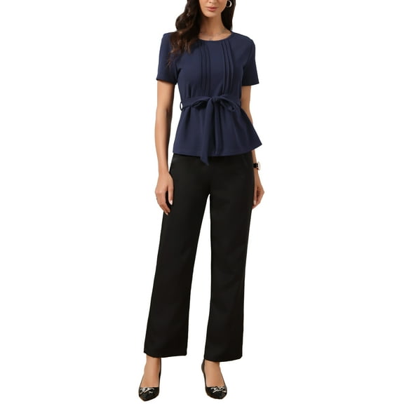 Dressy Casual Peplum Tops for Women Summer Pleated Crew Neck Belted Short Sleeve Blouse XS Dark Blue