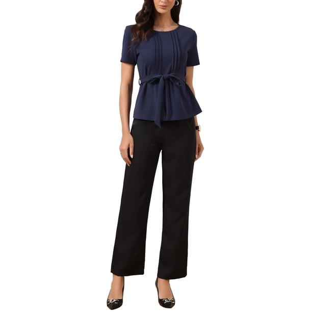 Blusas Peplum Elegantes y Casuales para Mujeres de Verano con Cuello Redondo y Manga Corta, Talla L, Azul Oscuro