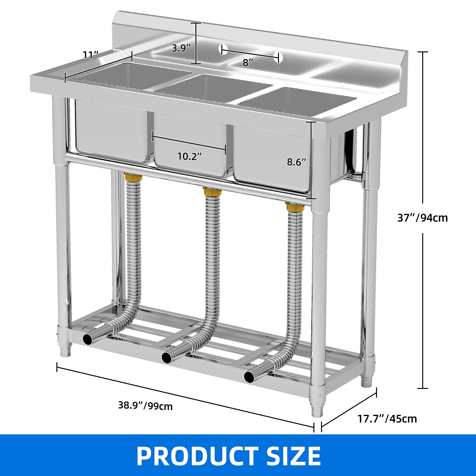 DEXTRUS Stainless Steel Utility Sink, 3 Compartment Commercial Sink for Restaurant, Laundry, Garage, Workshop