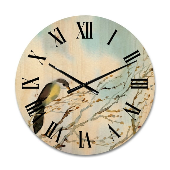 Designart 'Bird Sitting On Old Bare Tree With Blue Cloudy Sky' Traditional Wood Wall Clock