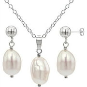 ADDURN 11-12mm White Cultured Freshwater Baroque Pearl Necklace and Drop Earrings with Sterling Silver Clasps, 18"