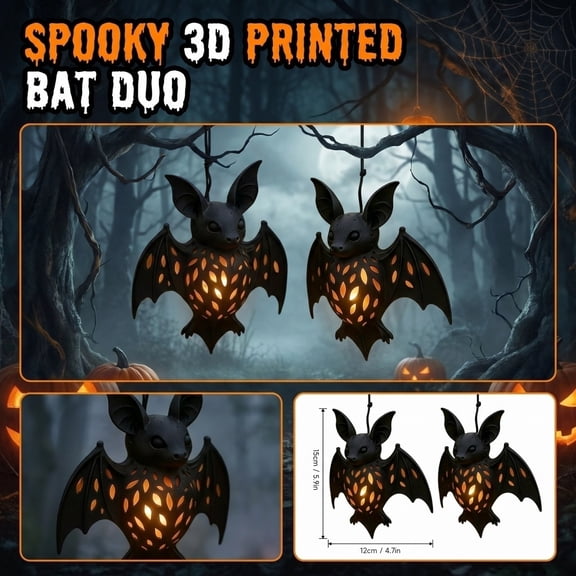 Halloween Hanging Decorations, Bat Halloween Decor, Outdoor Halloween Lights, Halloween Party Decor, 2 Pack 3D Printed Hollow Glowing Bat Lantern Ornaments, 6X4.5 Inch Spooky
