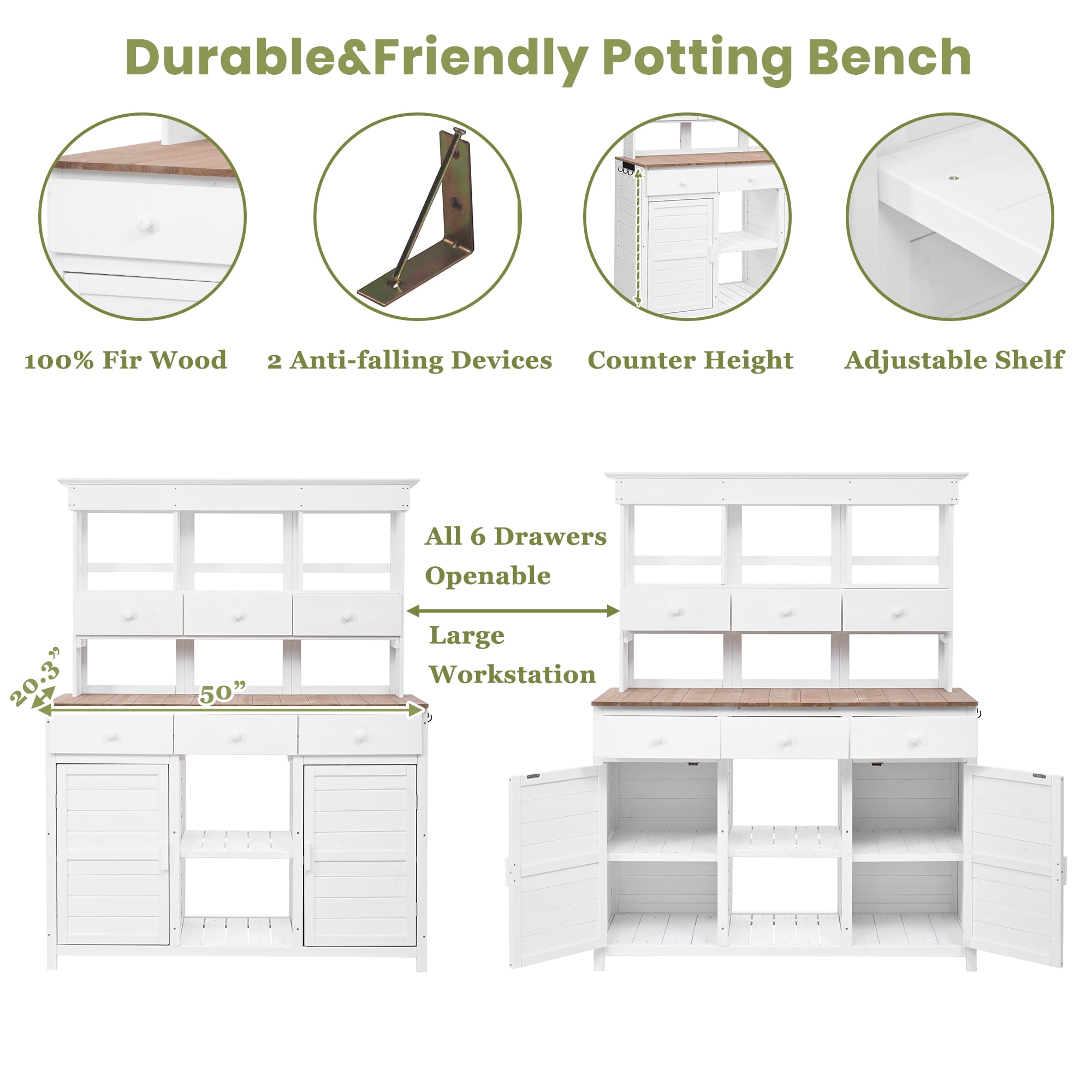 MAYEERTY 65.7" Tall Garden Potting Bench Table with Hutch – Rustic Outdoor Workstation with 3 Shelves, 6 Drawers, 2 Cabinets & Side Hooks