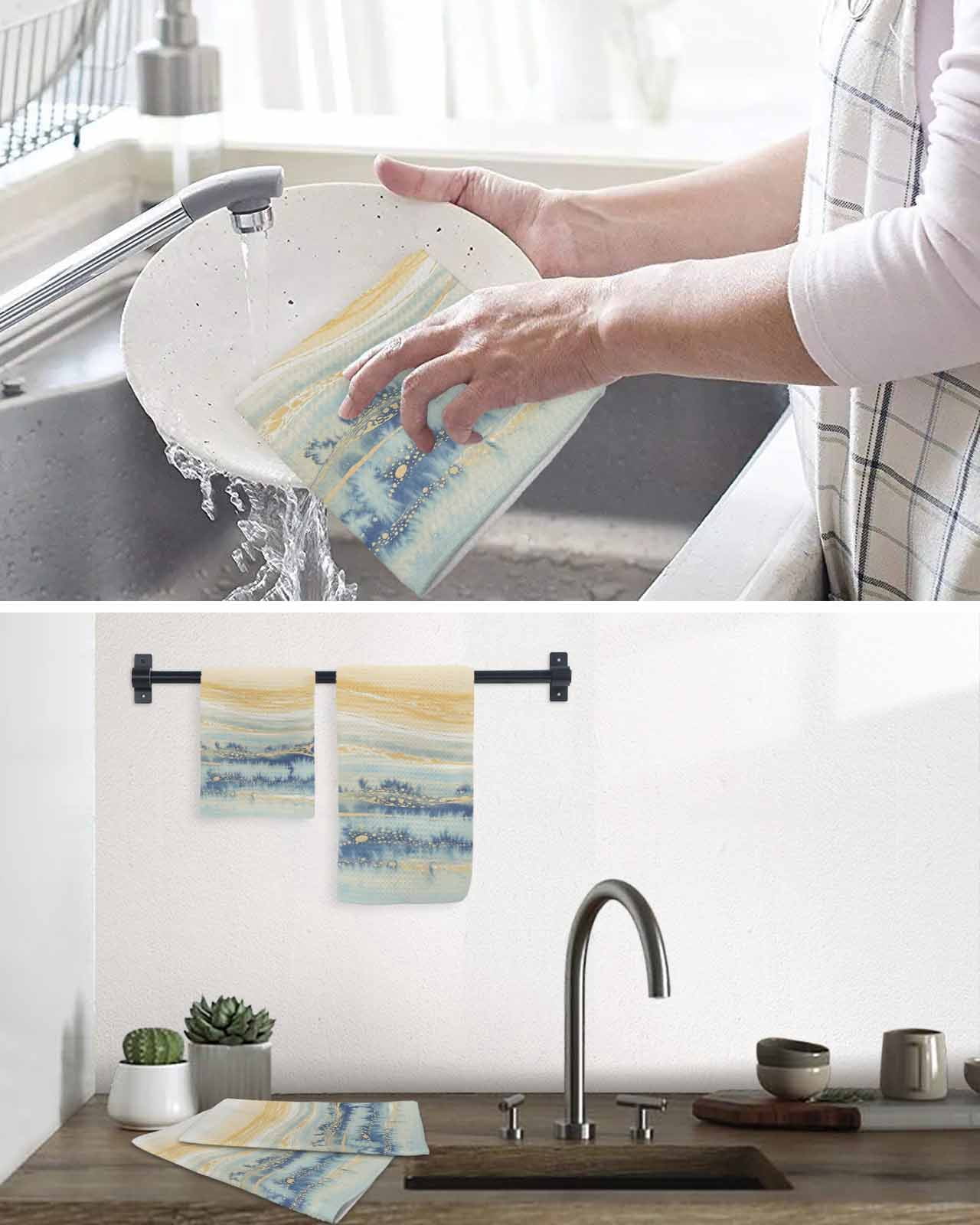Yellow Blue Ombre Kitchen Dish Towels for Drying Dishes Set of 3, Abstract Modern Art Fluid Striped Waffle Weave Microfiber Hand Tea Bathroom Towels Quick Dry & Absorbent Towel 12x12
