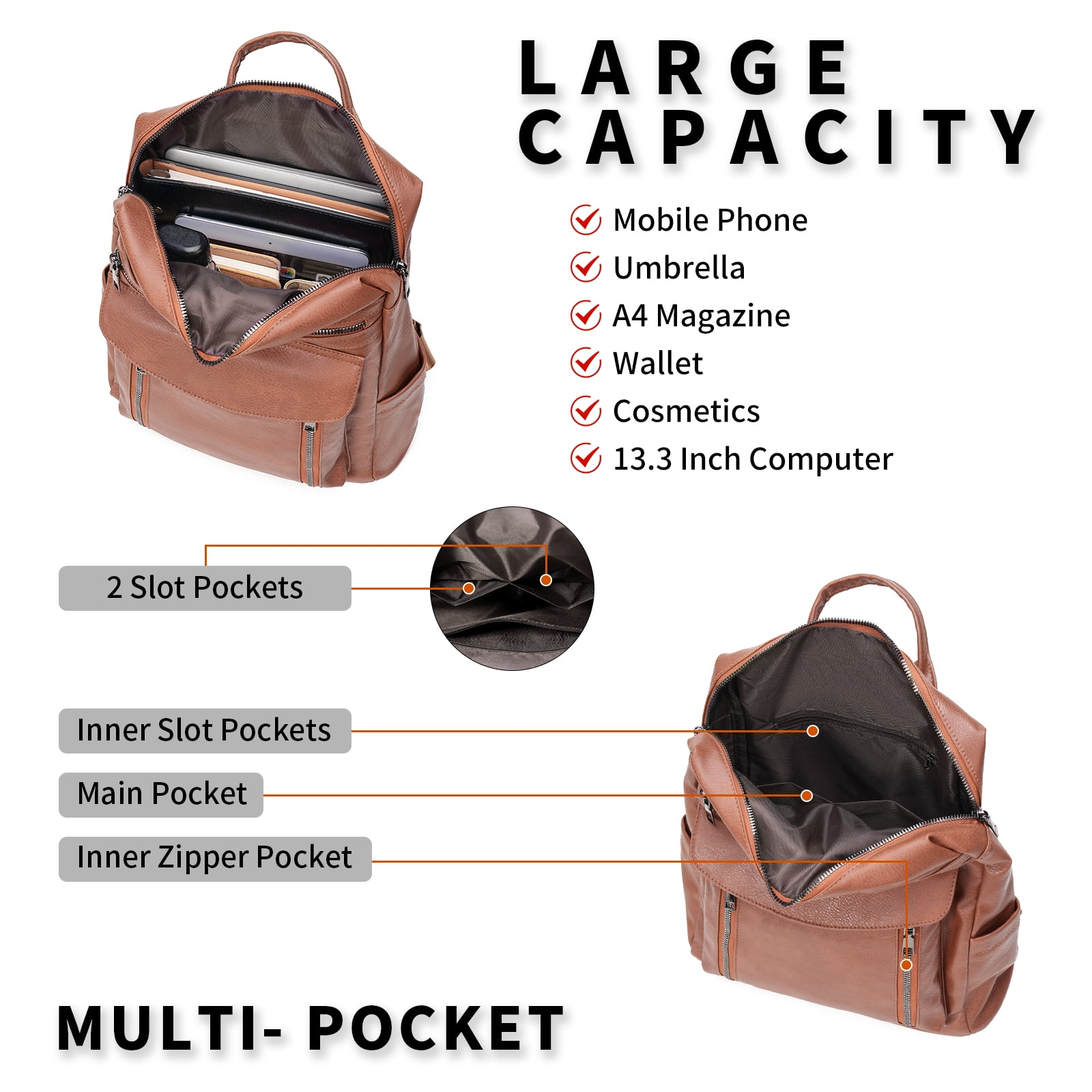 GOIACII Laptop Backpack for Women 13.3 inch,Travel Leather Backpack Purse,Professional Water-Resistant College Business Work Casual Daypack