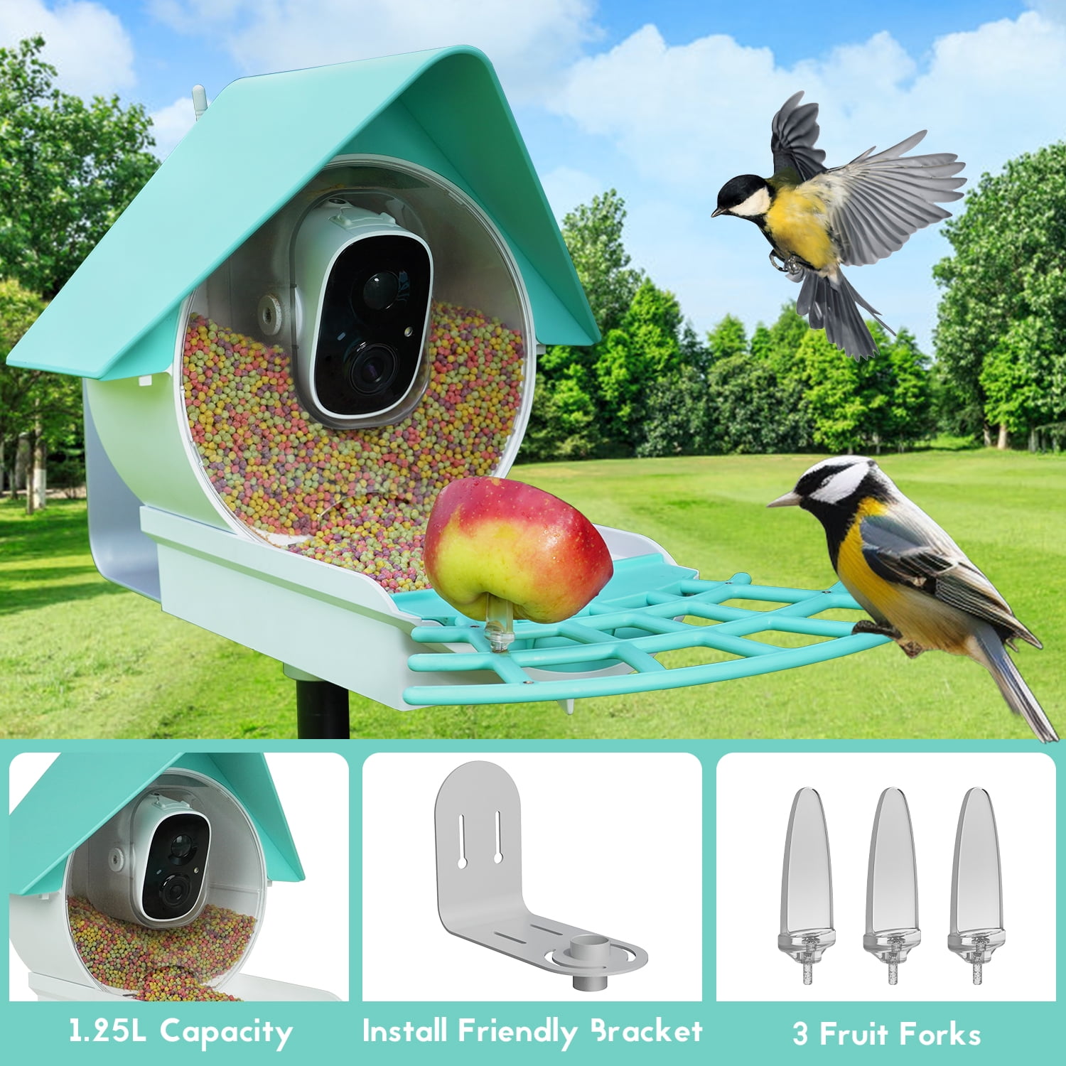 Birdkiss Bird Feeder with Camera, AI Identify Bird, Solar Panel, Built-in Microphone for Bird Watching Lovers
