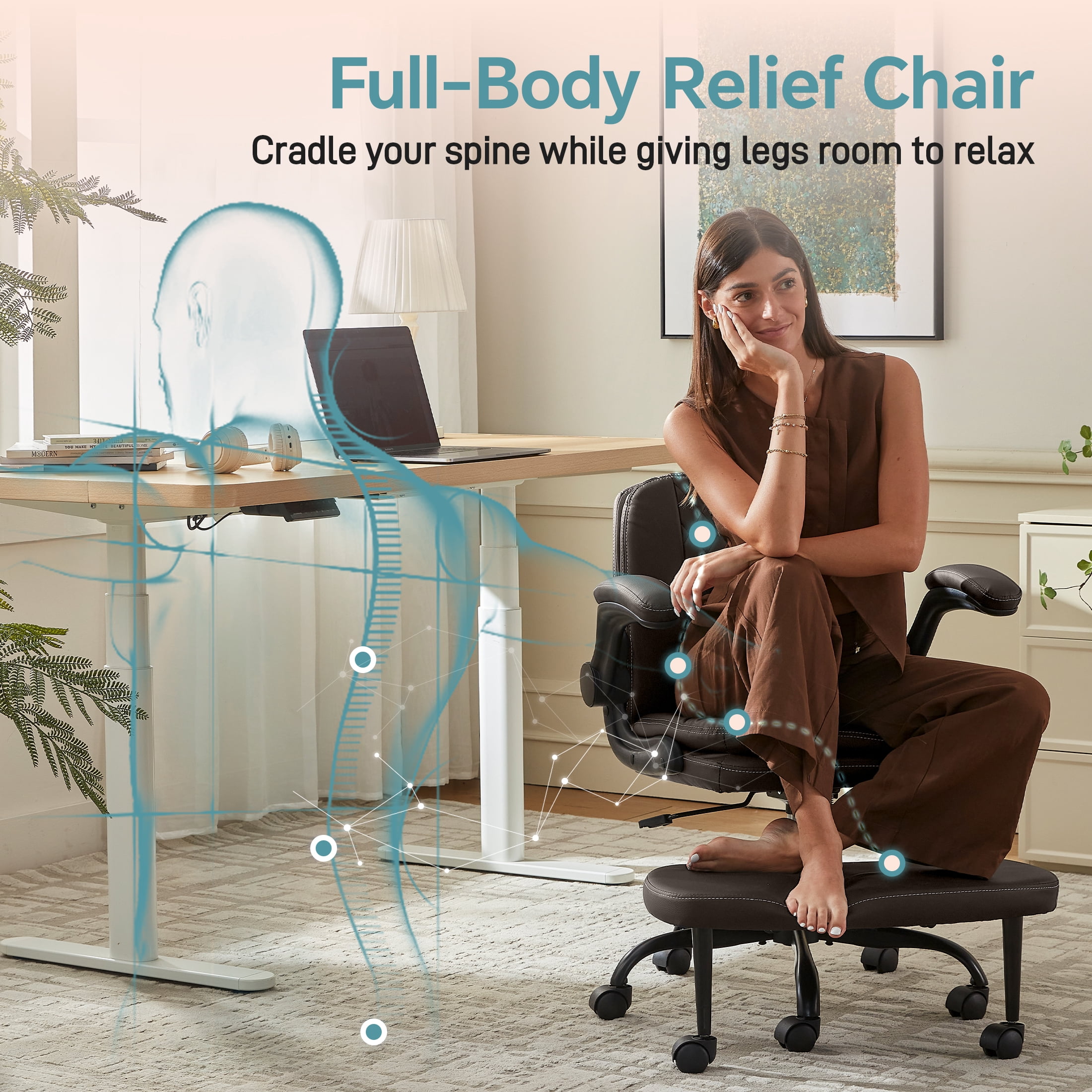 Dhole High Back Ergonomic Office Chair - Adjustable Swivel Chair with Lumbar Support, Flip-Up Arms, Retractable Footrest & Brown Diamond PU Leather for Home Office Desk-Brown