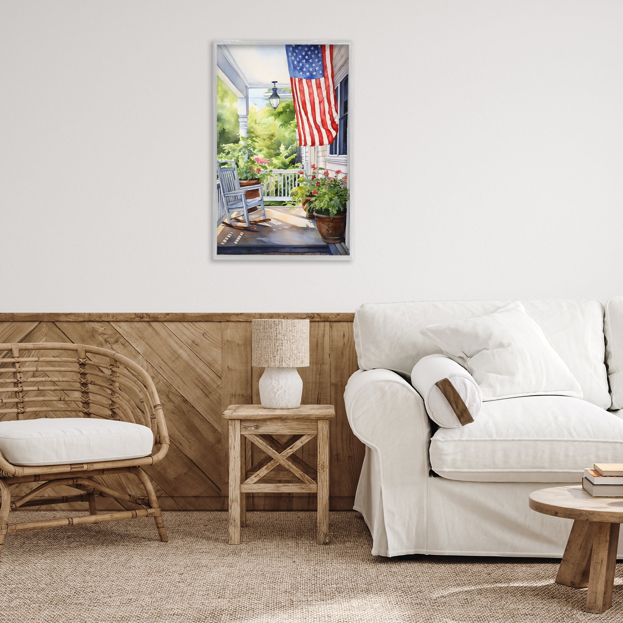 Stupell Industries Patriotic Summer Porch Scenery Painting Gray Framed Art Print Wall Art, 20 x 30