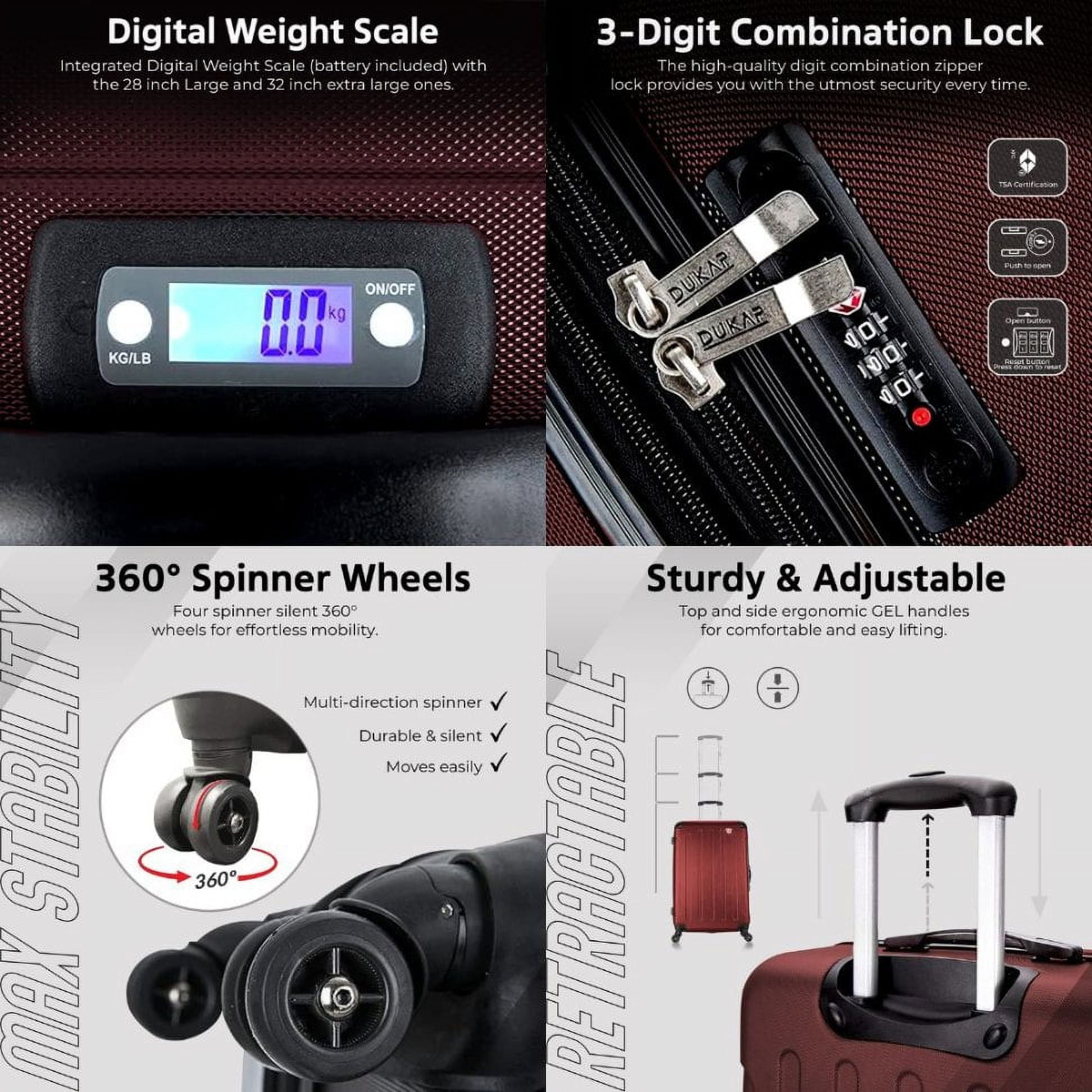 DUKAP Intely 28" Hardside Lightweight Luggage with Spinner Wheels and Integrated Weight Scale, Wine