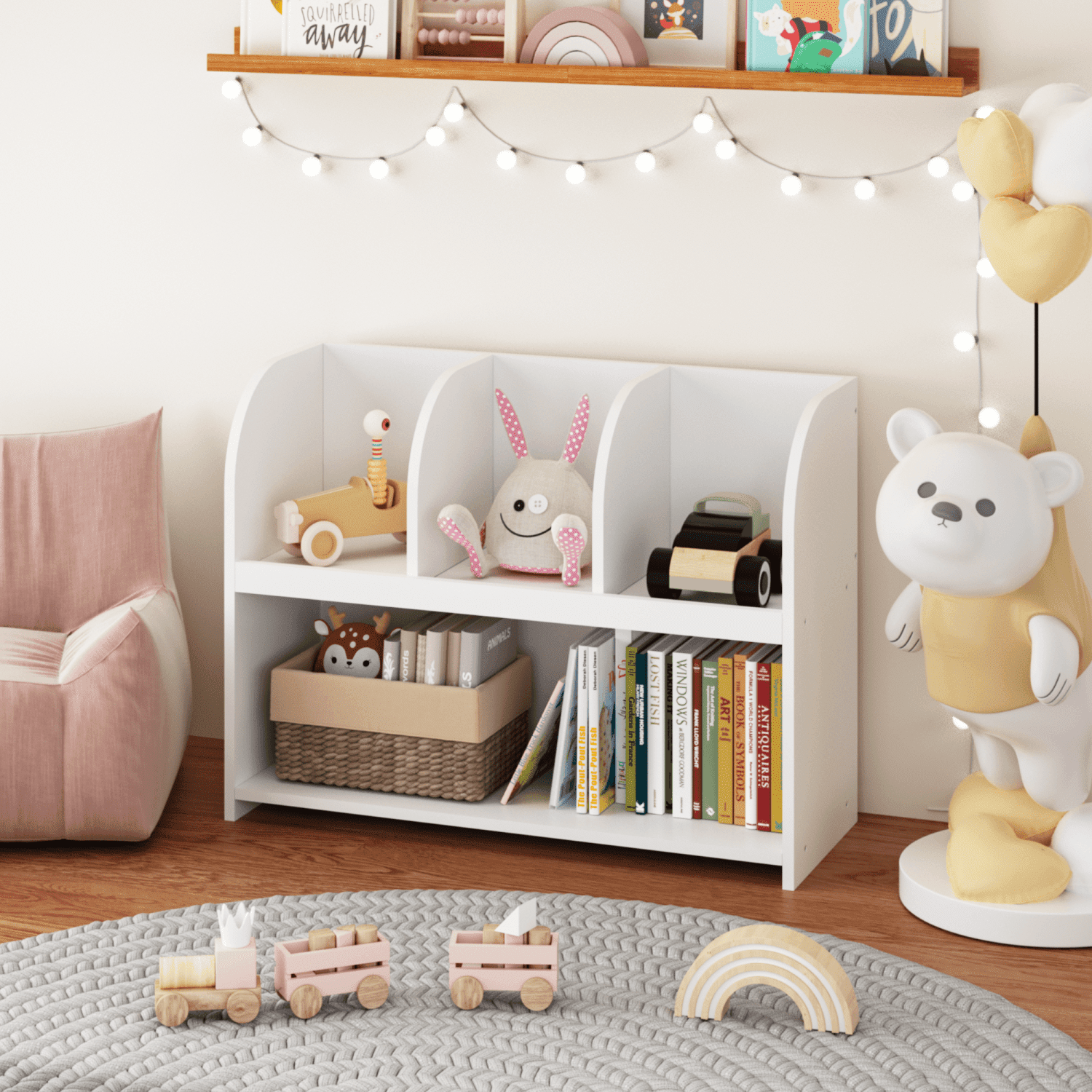 4-Compartment MDF Kids Bookcase, Toy & Book Storage Organizer with Anti-Tip Device, 25 LBS Load Capacity for Playroom Nursery Bedroom