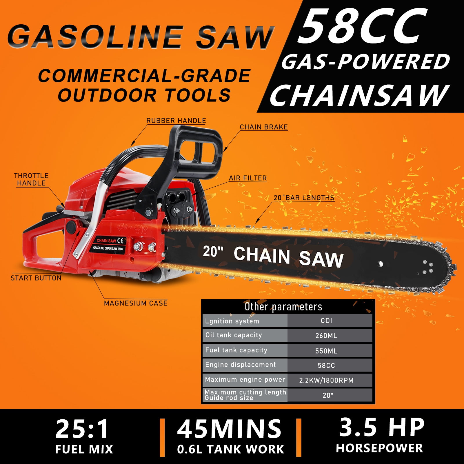 AOJA 20 Inch Gas Chainsaw, 58CC 2-Stroke Gas Powered Chainsaw, Handheld Cordless Chainsaw, High-Power Logging Saw for Farm/Garden/Ranch/Wood (Red)