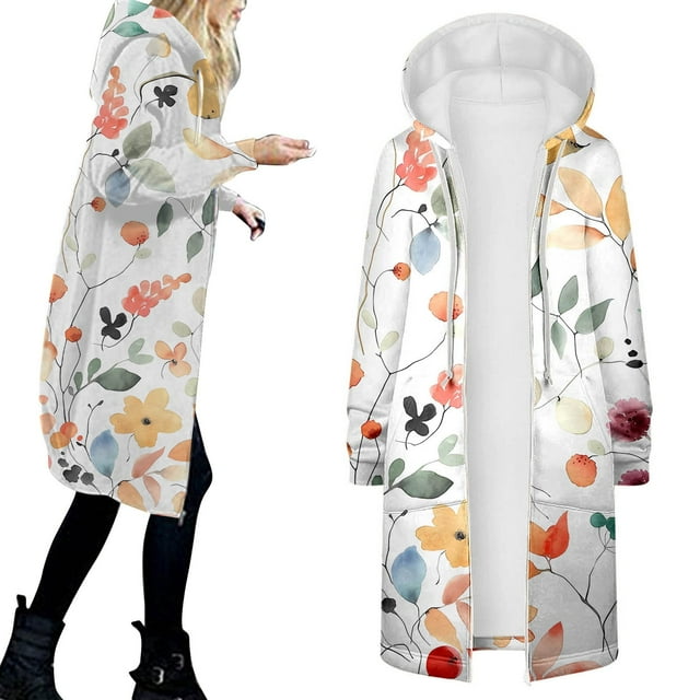 MKLEKYY Plus Size Fleece Jackets for Women Coat for Womens Hoodies Coat Fall Winter Warm Pockets Drawstring Zipper Open Thin Hooded Jackets Long Cardigans Tops Outwear
