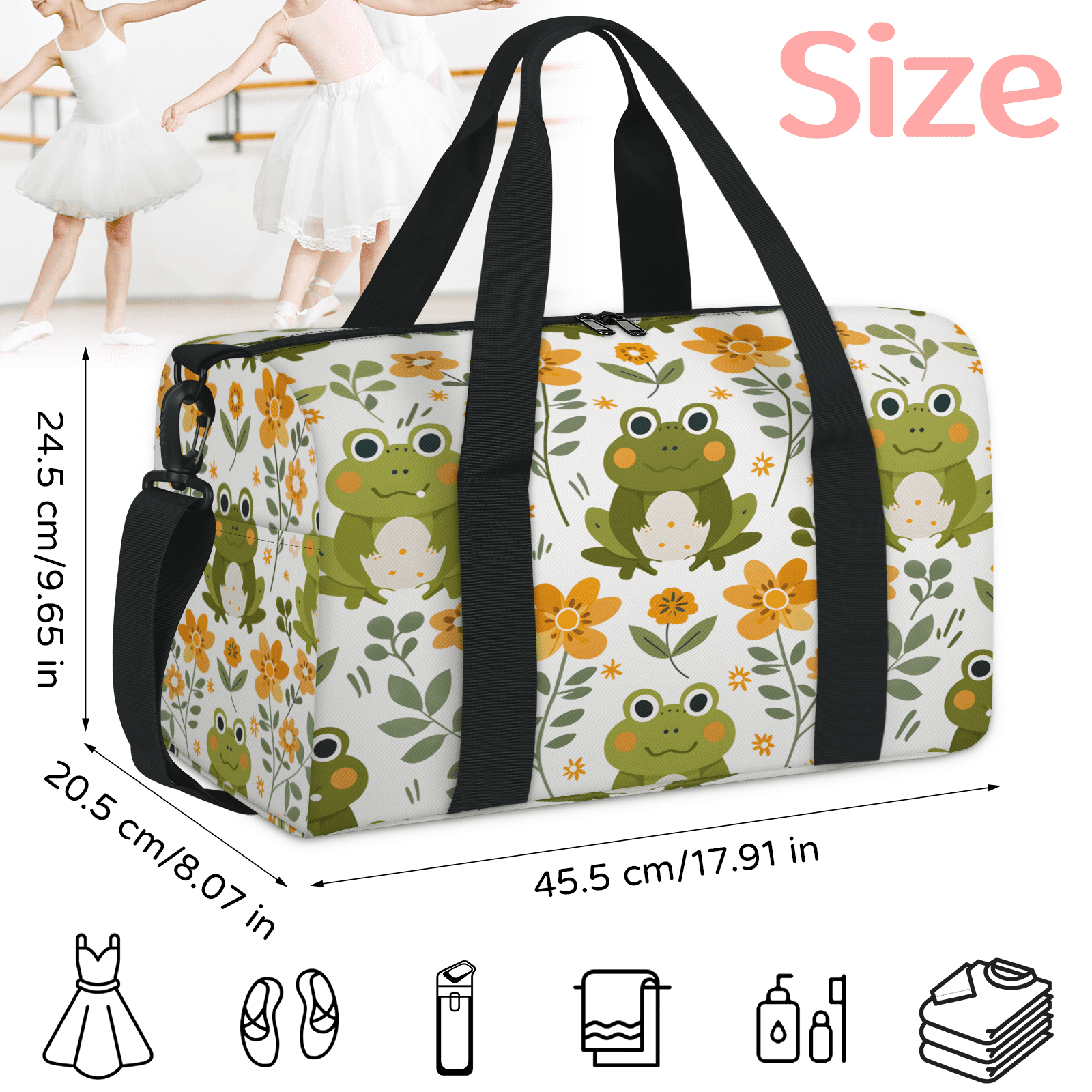 Herdesigns Cute Frog Gym Bag for Women, Duffle Bag for Travel Sport, Flower Lightweight Waterproof Carry on Weekender Dance Yoga Workout Bags