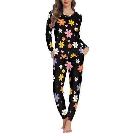 

NETILGEN Colorful Diasy Flowers Print 2 Pack Women Pj Sets Long Pants Casual Fashion Pajamas for Women Set Pants O-Neck Design Nightwear for Women Sleepwear