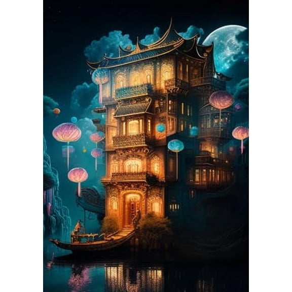wooden puzzle Traditional Asian Pagoda at Night Intelligent Game Fit togather a magic Art for home Decoration or Prensent 300 pieces
