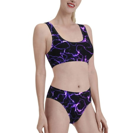 Uemuo Galaxy Lightning Printed Women s High Waisted Bikini Sets Sporty Two Piece Swimsuits Color Block Cheeky High Cut Bathing Suits-Medium