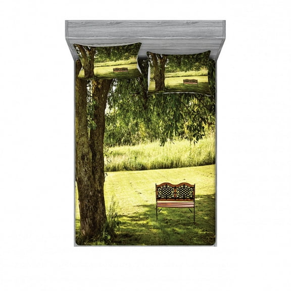 Tree Bedding Set with Sheet & Covers, Wooden Bench Under Lush Shady Big Tree in the National Park Fresh Tranquil Scenery, Printed Bedroom Decor 2 Shams, 4 Sizes, Green Brown, by Ambesonne