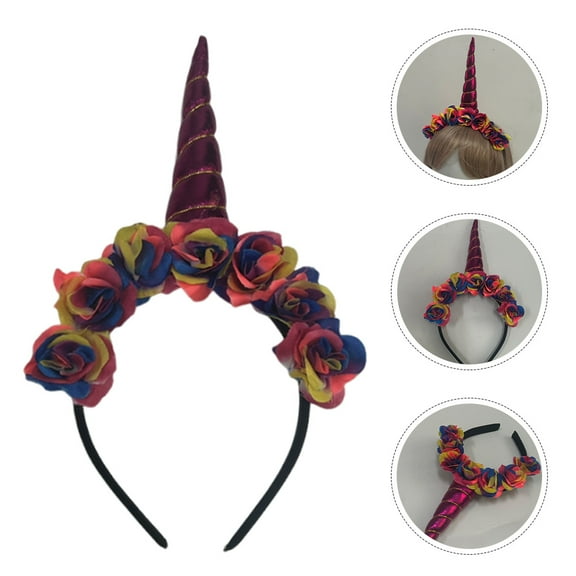 GAXIRE 1Pack  Hair Band Pink Unicorn Horn with Flowers