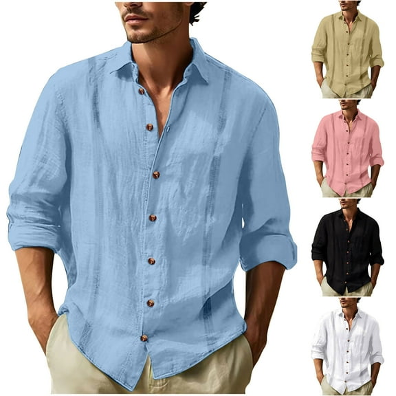 Miluxas Men's Linen Shirts Casual Button Down Long Sleeve Shirt Solid Spread Collar Summer Beach Shirts White