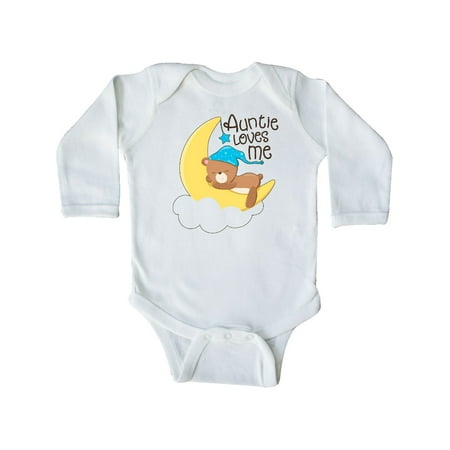 

Inktastic Auntie Loves Me- little bear in blue hat Gift Baby Boy or Baby Girl Long Sleeve Bodysuit