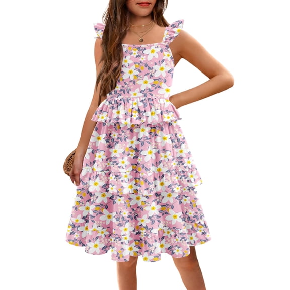 Arshiner Girls Dresses Ruffle Sleeve Tiered Casual Flowy Swing Tween Sundress with Pockets for Girls