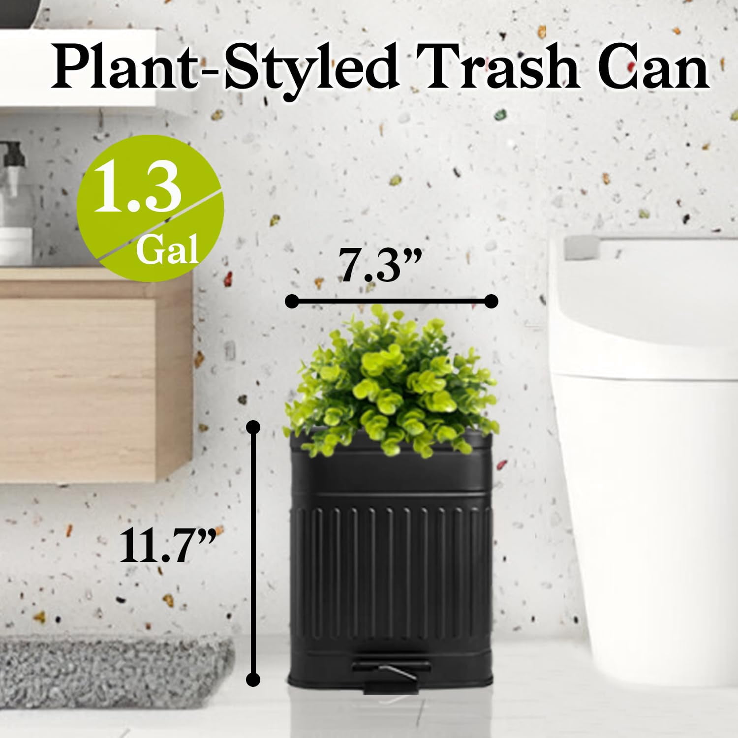 Small Trash Can with Lid, Plant-Styled Outdoor Dog Poop Trash Can Outside, Farmhouse Retro Metal Garbage Can for Bathroom Office, Dog Waste Container with Pedal, Soft Close, 5L/1.3 Gal, Black