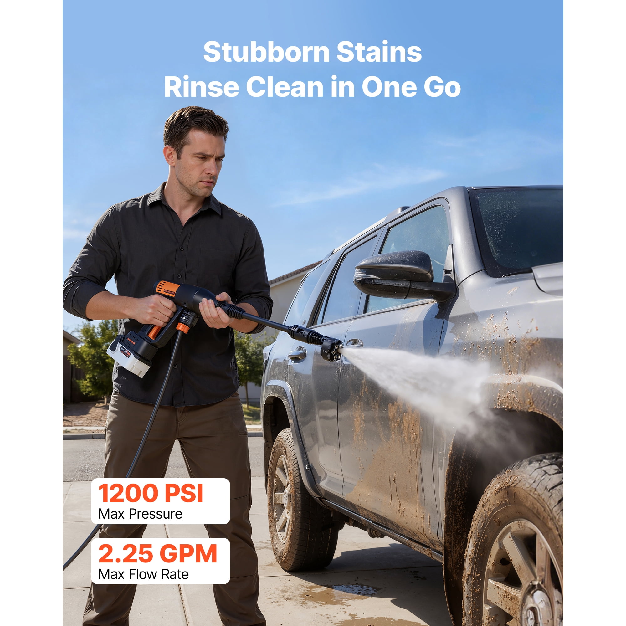 KFFKFF Cordless Pressure Washer, 1200 PSI MAX Portable Cleaner with Brushless Motor, Multi-Function Nozzle & Water Hose, Adjustable Speeds, Battery Operated Handheld Washer for Outdoor Cleaning
