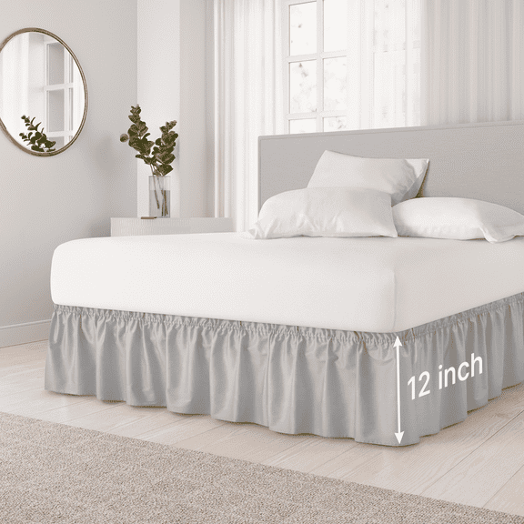 CGK Linens Wrap Around Dust Ruffle Bed Skirt - For Queen Size Bed With 12 Inch Drop, Easy Fit Elastic Strap - Pleated Bedskirt, Light Gray