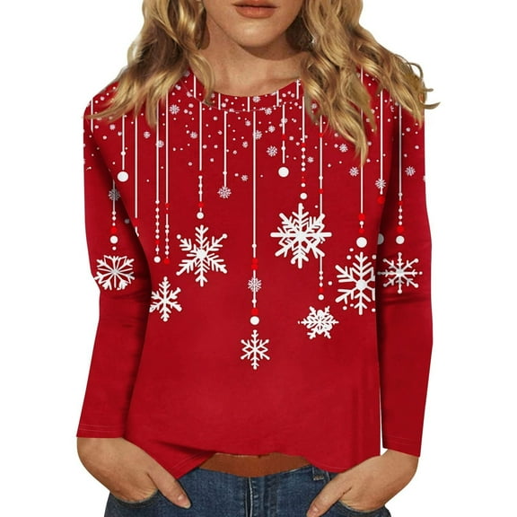 Womens Christmas Tops Long Sleeve Shirts Print Crew Neck Pullover Casual Street Style Fashion Festive Occasions Fall Clothes For Women Tees Blouses