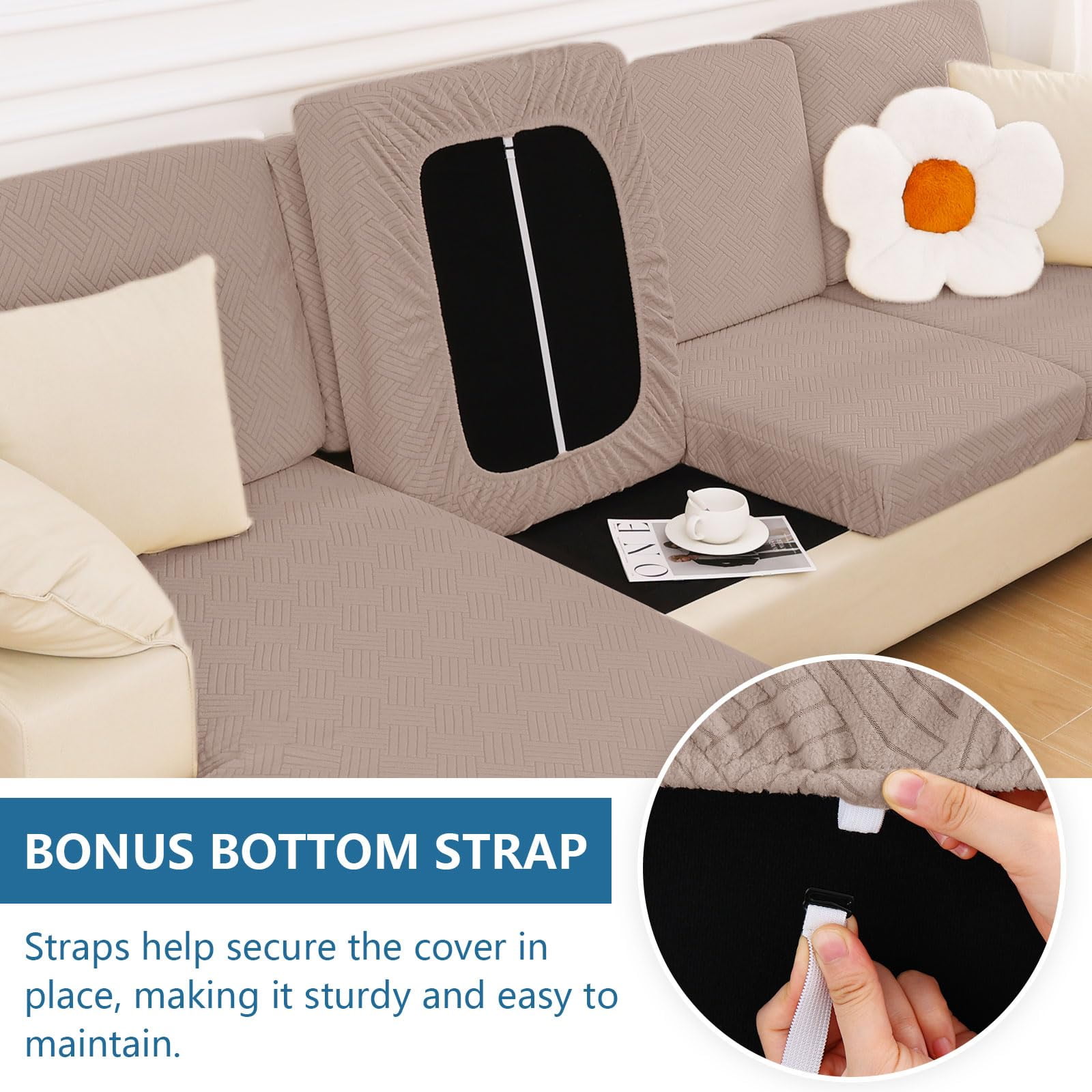 Smiry Waterproof Sofa Seat Cushion Covers, Stretch Couch Cushion Slipcovers, Fitted Jacquard Furniture Protector for Pets, Kid (Chaise, Camel)