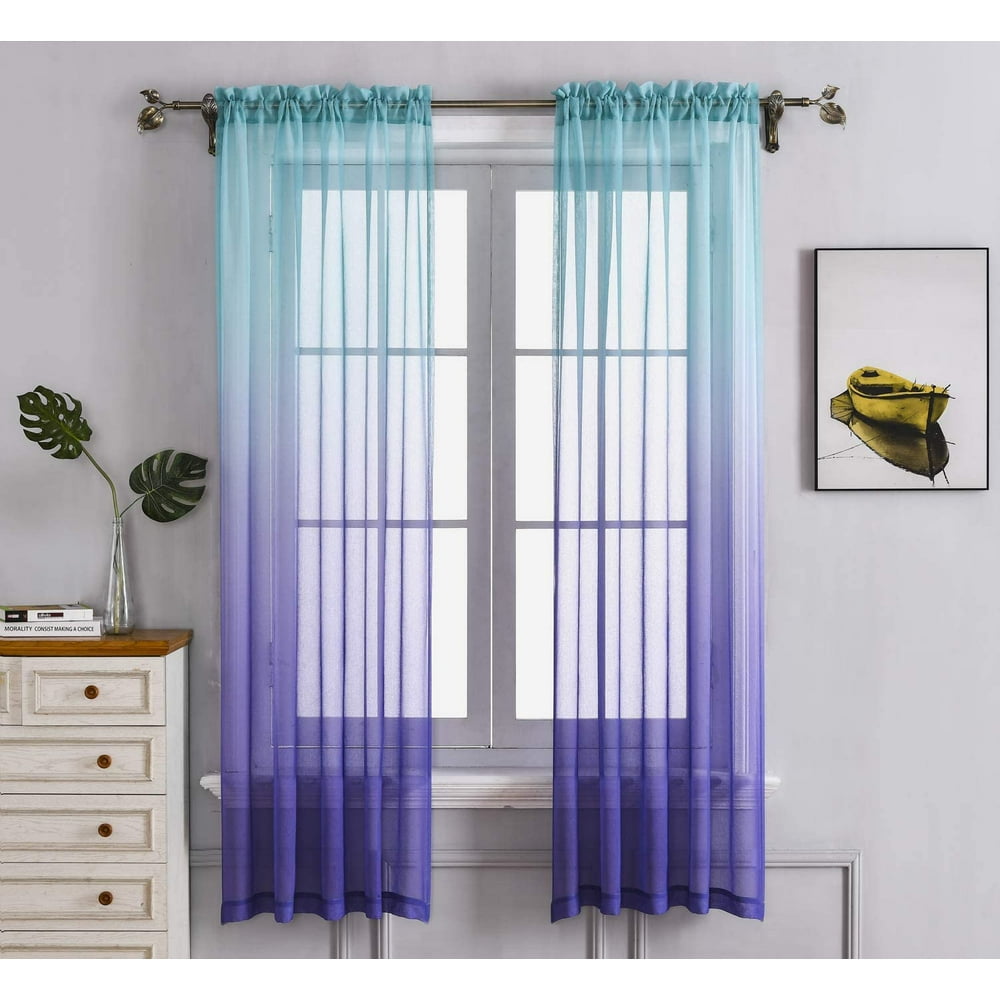 Purple Blue Ombre Sheer Curtains for Kids playroom 2 Panels Rod Pocket