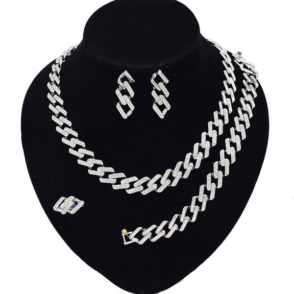 Jewelry Set For Women's - Women Hugs & Kisses XOXO 4 Pieces Necklace Set Includes Ring Bracelet & Earrings 18kt Real Gold Plated Layered (Cuban Link Sliver)