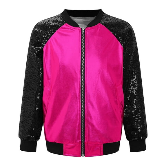 YONGHS Girls Sequins Metallic Zip Up Bomber Jacket Shiny Flight Jacket Coat 70's Disco Costume Clubwear Hot Pink 16