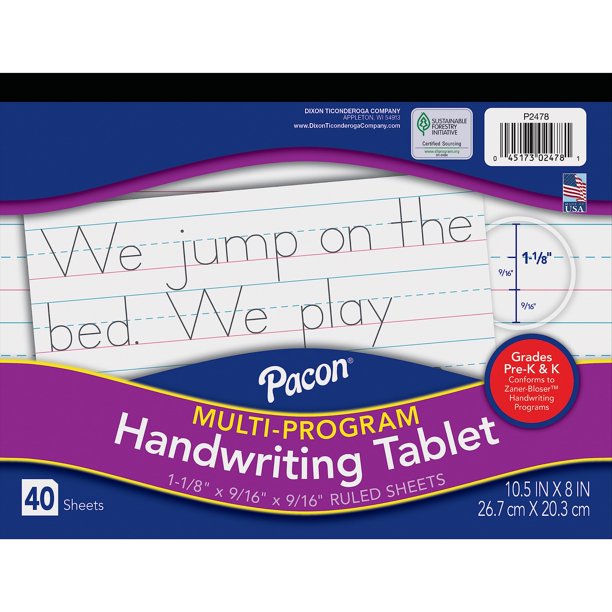 Papel de escritura a mano Pacon, grados Zaner-Bloser Pre-K y K, 1-1/8"" x 9/16"" x 9/16"" Rayado 10-1/2"" x 8"", Rayado largo, 40 hojas