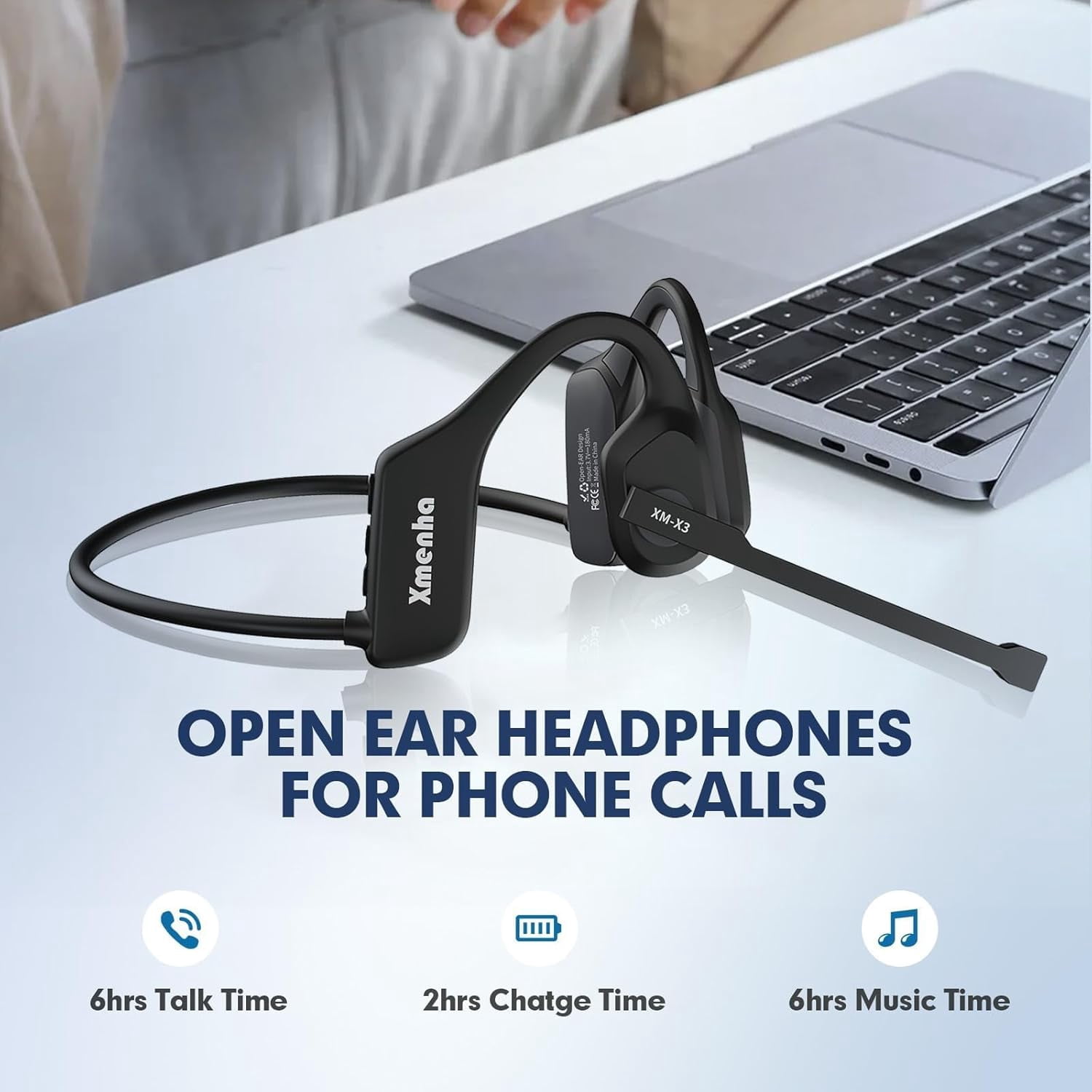 Bluetooth Phone Headset Wireless Bluetooth with Noise Cancelling Microphone, Open Ear Air Conduction Bluetooth Headphones with Mic for Work, PC, Laptop, Truckers, Cell Phone, Truck Drivers,Sports