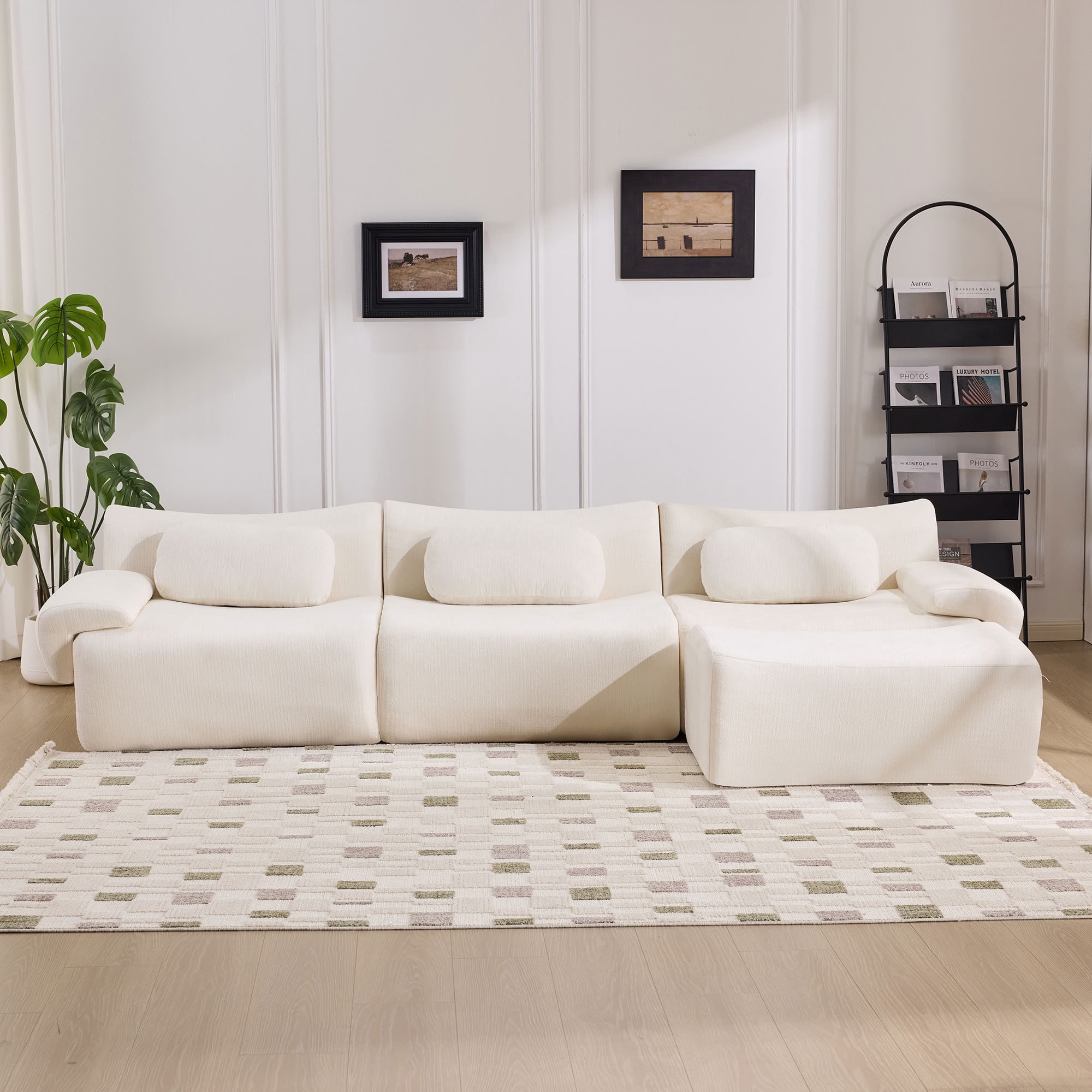 MAYEERTY 3+1 Seat Modular L-Shaped Sectional Sofa with Ottoman, Chenille Upholstered Deep Seat Couch with 3 Throw Pillows, No Assembly for Living Room Bedroom Apartment Small Spaces
