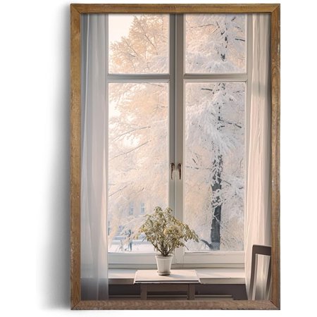 Rolled Canvas 24x36 Print Wall Decor - Windows View To Nature - Serene Tranquil Peak Ridge Photograph Pictures - Snow Mountain Winter Pine Tree - White - Decoration for Bedroom, Living Room, Office