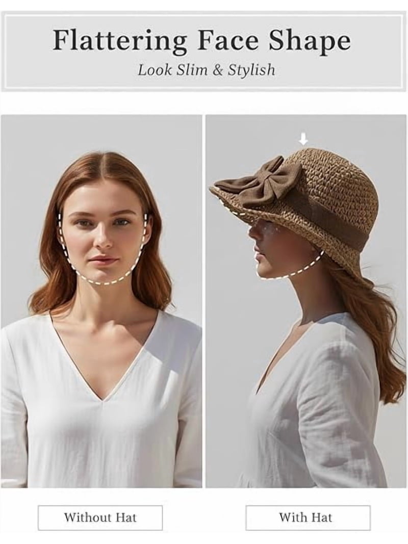 Woven Straw Sun Hat with Retro Bow, Wide Brim Packable Travel Bucket Hat Women main image 4