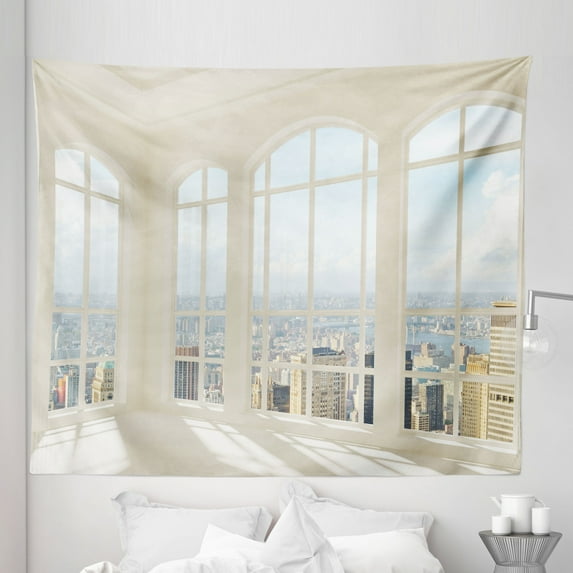 Modern Tapestry, Big White Contemporary Apartment Flat Overlooking the City Urban View Print, Fabric Wall Hanging Decor for Bedroom Living Room Dorm, 5 Sizes, Pale Blue White, by Ambesonne