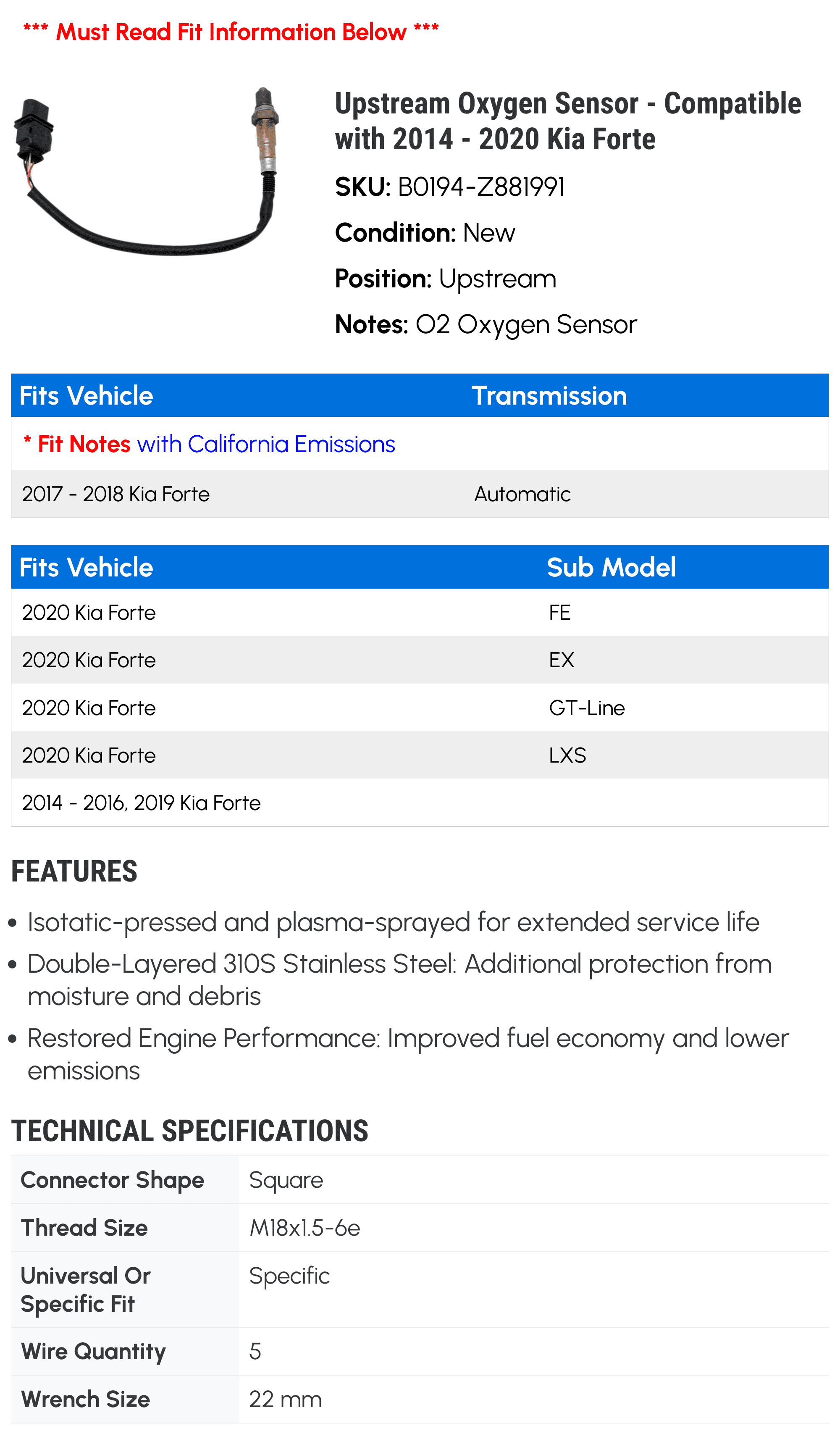Upstream Oxygen Sensor - Compatible with 2014 - 2020 Kia Forte 2015 2016 2017 2018 2019